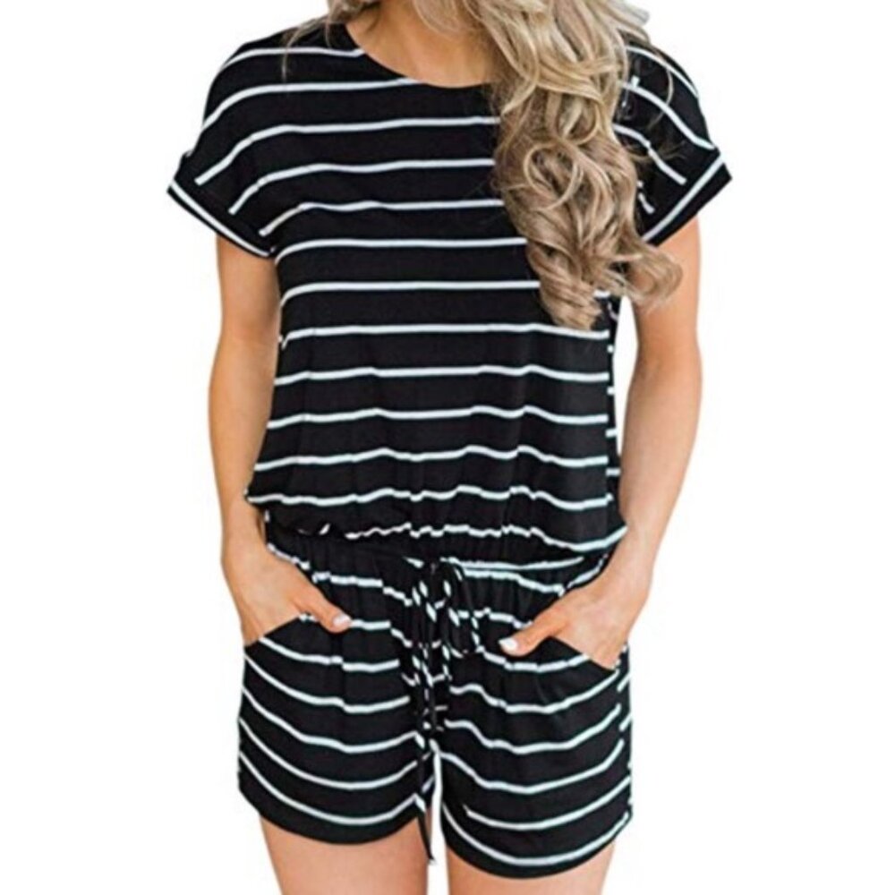 Ealey Fushi Striped Tie Waist Casual Winter Vacation Romper Black White Small